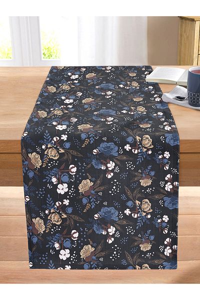 Realhomes Digital Printed Modern Stitched Raschel Knitted Runner with Colorful Flower Patterns on Black Background