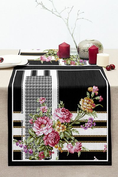 Realhomes Special Design Digital Printed Modern Stitched Raschel Runner with Geometric Background Flower and Chain Motif