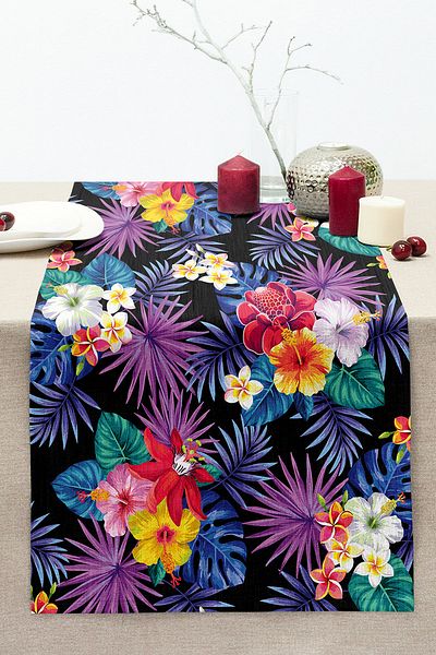 Realhomes Decorative Stitched Raschel Knitted Runner with Colorful Flowers on Black Background Design