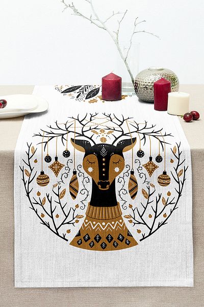 Realhomes Tile Drawing Cuckoo Clock Motif Digital Printed Decorative Stitched Raschel Knitted Runner