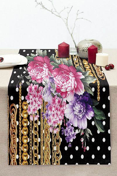 Realhomes Gold Chain and Flowers on Polka Dotted Floor Special Design Digital Printed Modern Stitched Raschel Runner