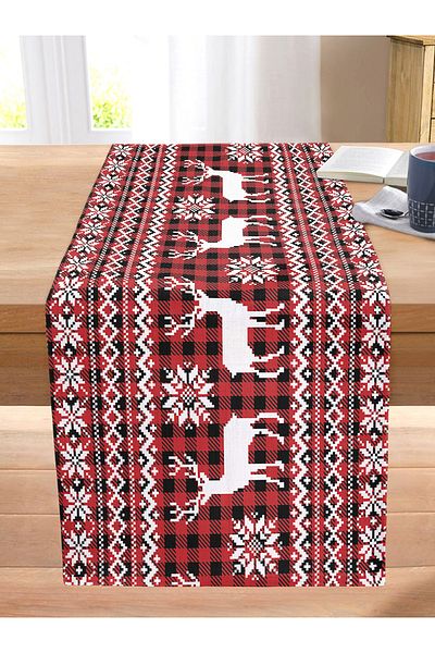 Realhomes Red Plaid Patterned Deer Motif Digital Printed Modern Stitched Raschel Knitted Runner