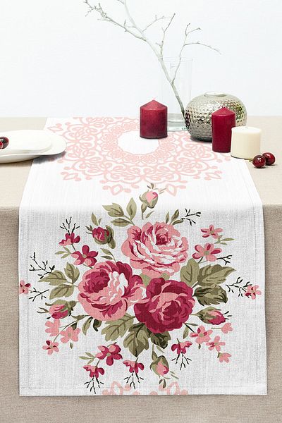 Realhomes Damask Themed Rose Motif Digital Printed Stitched Raschel Knitted Runner