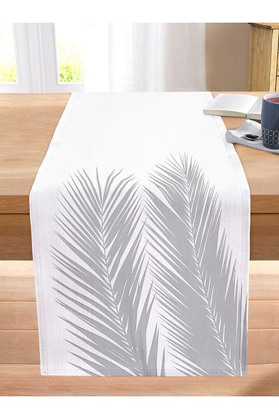 Realhomes Gray Palm Leaves on White Background Special Design Stitched Raschel Knitted Runner