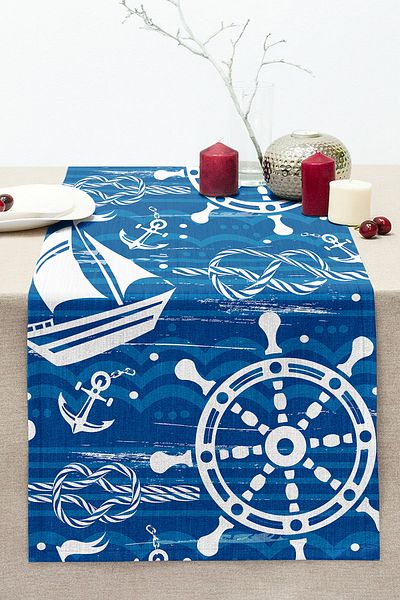Realhomes Blue and White Background Starfish Patterned Digital Printed Modern Stitched Raschel Knitted Runner