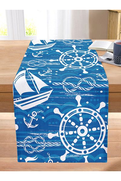 Realhomes Blue and White Background Starfish Patterned Digital Printed Modern Stitched Raschel Knitted Runner