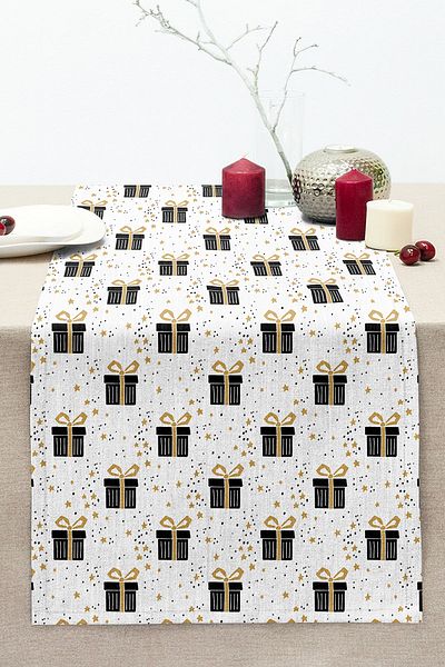 Realhomes Gold Detailed Gift Package Patterned Digital Printed Modern Stitched Raschel Knitted Runner on White Background