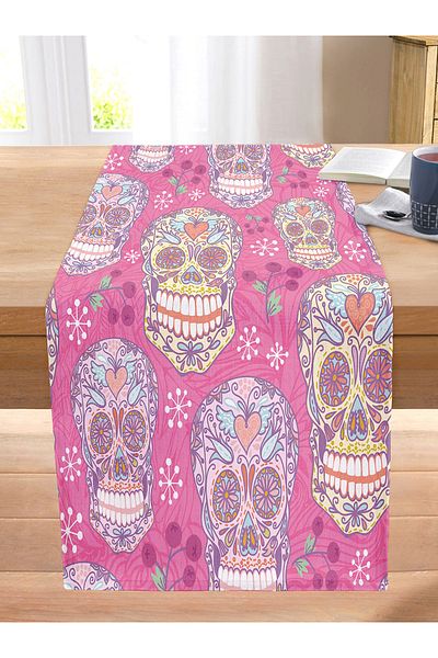 Realhomes Pink Background Skull Digital Printed Stitched Raschel Knitted Runner