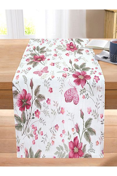Realhomes Pink Flowers on White Background Digital Printed Modern Stitched Raschel Knitted Runner