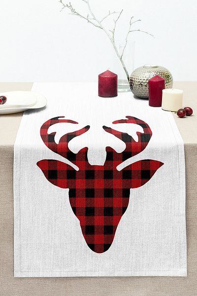 Realhomes Modern Plaid Deer Patterned Digital Printed Stitched Raschel Knitted Runner