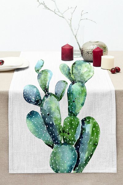 Realhomes Modern Design 3D Stitched Raschel Knitted Runner with Watercolor Cactus Drawing