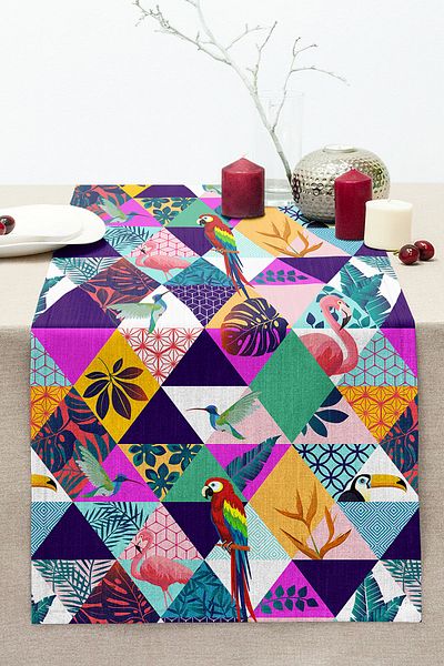 Realhomes Geometric Triangle Inside Bird Digital Printed Stitched Raschel Knitted Runner