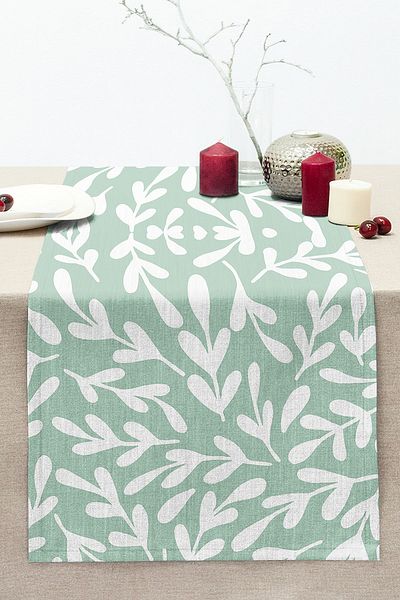 Realhomes Mint Green Background Leaf Motif Digital Printed Stitched Raschel Knitted Runner