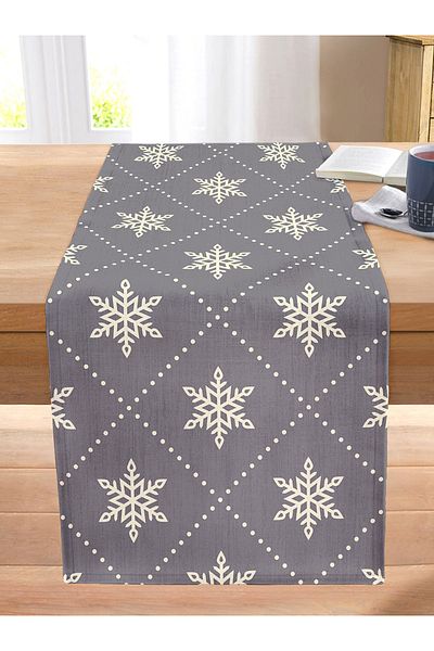 Realhomes Gray Background Snowflake Patterned Digital Printed Modern Stitched Raschel Knitted Runner