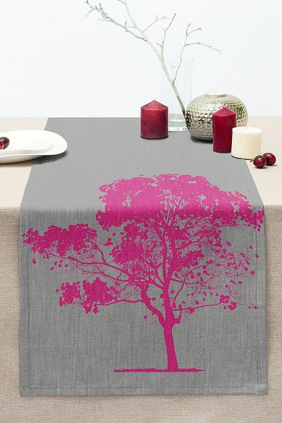 Realhomes Stitched Raschel Knitted Runner with Decorative Fuchsia Tree Design on Gray Background