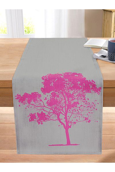 Realhomes Stitched Raschel Knitted Runner with Decorative Fuchsia Tree Design on Gray Background