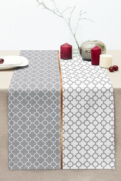 Realhomes Gray & White Ogea Patterned Digital Printed Decorative Stitched Raschel Knitted Runner