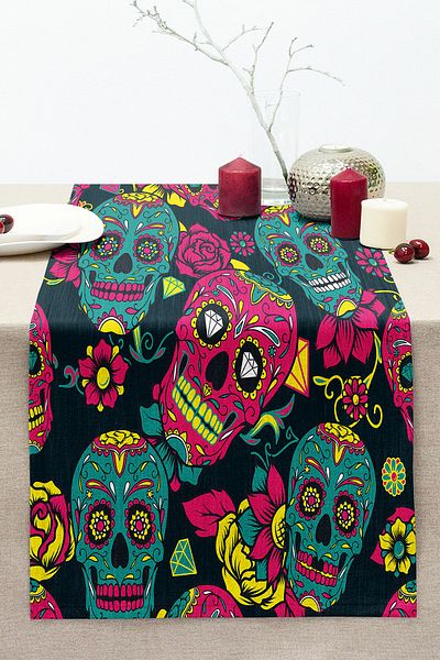Realhomes Special Design Digital Printed Modern Stitched Raschel Knitted Runner with Colorful Skeleton and Rose Figures