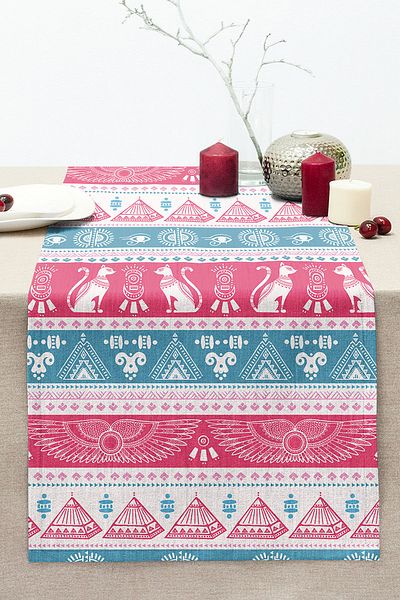 Realhomes Blue Pink Ethnic Patterned Decorative Stitched Raschel Knitted Runner