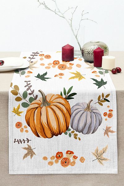 Realhomes Digital Printed Modern Stitched Raschel Knitted Runner with Pumpkin Pattern on White Background