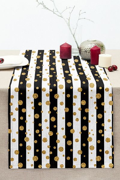 Realhomes Black Striped Gold Detailed Polka Dot Digital Printed Modern Stitched Raschel Knitted Runner on White Background