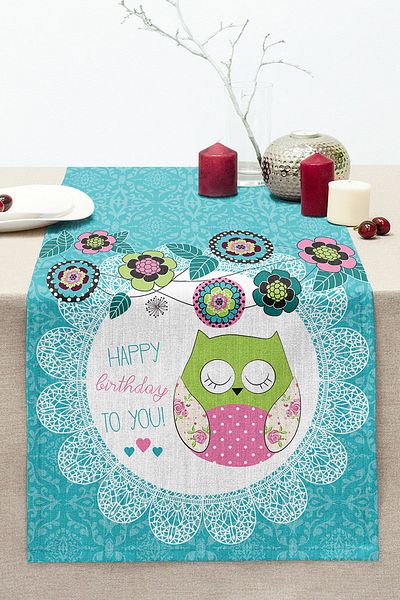 Realhomes Owl Patterned Digital Printed Decorative Stitched Raschel Knitted Runner