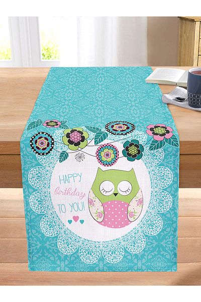 Realhomes Owl Patterned Digital Printed Decorative Stitched Raschel Knitted Runner