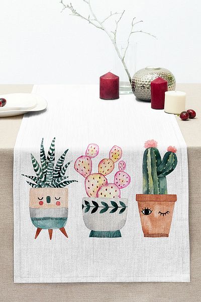 Realhomes Cactus Motif Digital Printed Decorative Stitched Raschel Knitted Runner