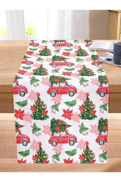 Realhomes New Year Patterned Red Vosvos Digital Printed Modern Stitched Raschel Knitted Runner on White Background