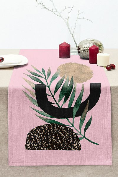 Realhomes Decorative Stitched Raschel Knitted Runner with Abstract Leaf Drawing on Pink Background