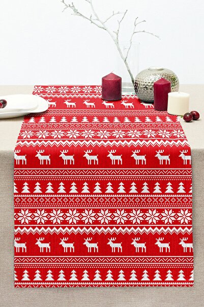 Realhomes Kırmızı Zeminli Kanaviçe Geyik Desenli Modern Dikişli Raşel Örme Ru...