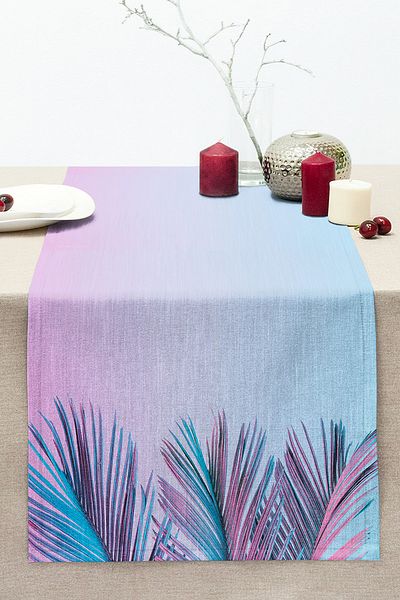 Realhomes Dust Blue Background Tropical Leaf Special Design Digital Printed Stitched Raschel Knitted Runner
