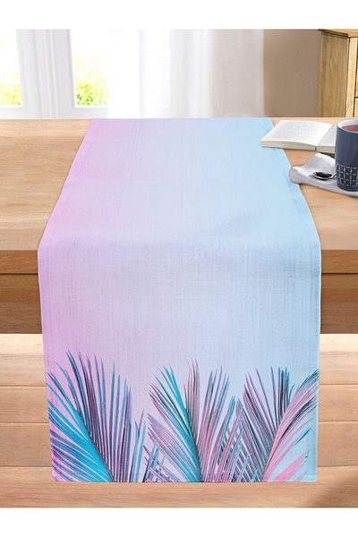 Realhomes Dust Blue Background Tropical Leaf Special Design Digital Printed Stitched Raschel Knitted Runner