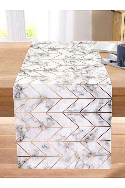 Realhomes Geometric Patterned Modern Stitched Raschel Knitted Runner with Marble Background