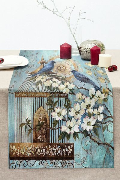 Realhomes Blue Bird Pattern Digital Printed Decorative Stitched Raschel Knitted Runner