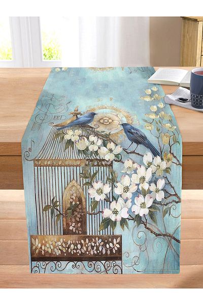 Realhomes Blue Bird Pattern Digital Printed Decorative Stitched Raschel Knitted Runner