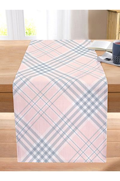 Realhomes Pink Background Plaid Patterned Special Design Stitched Raschel Knitted Runner