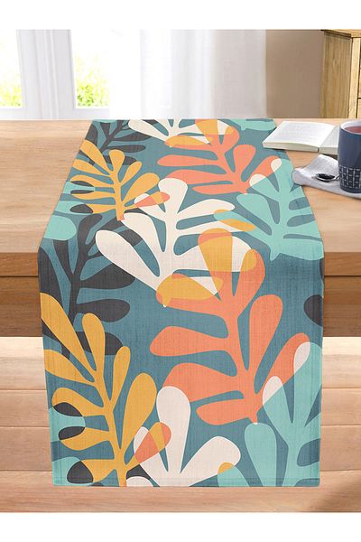 Realhomes Digital Printed Modern Stitched Raschel Knitted Runner with Onedraw Drawing Leaf Motif on Colorful Background