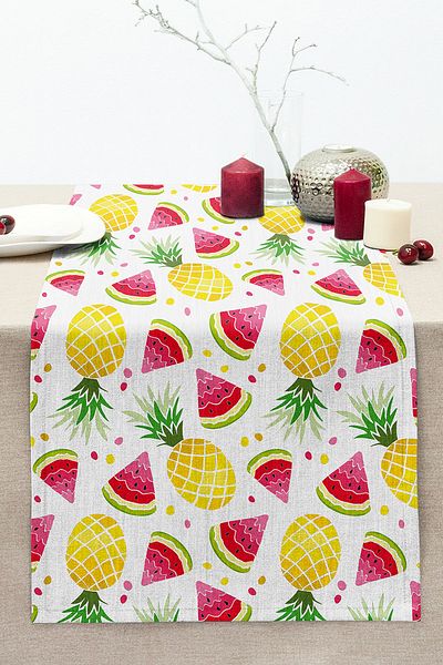 Realhomes Watercolor Watermelon Pineapple Patterned Digital Printed Modern Stitched Raschel Knitted Runner