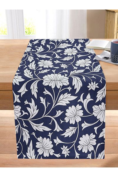 Realhomes Navy Blue Background Floral Motif Digital Printed Stitched Raschel Knitted Runner
