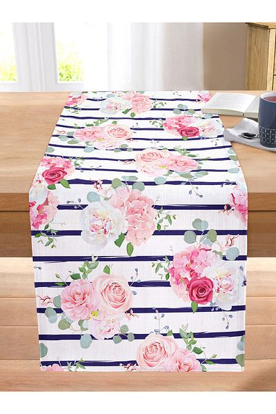 Realhomes Blue Lines Patterned Digital Printed Stitched Raschel Knitted Runner