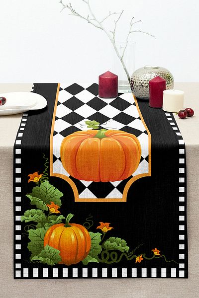 Realhomes Black Background Pumpkin Motif Decorative Stitched Raschel Knitted Runner