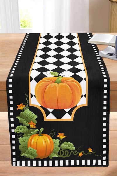 Realhomes Black Background Pumpkin Motif Decorative Stitched Raschel Knitted Runner