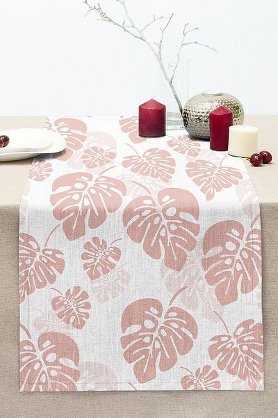 Realhomes Digital Printed Modern Stitched Raschel Knitted Runner with White Leaf Pattern on Pastel Background