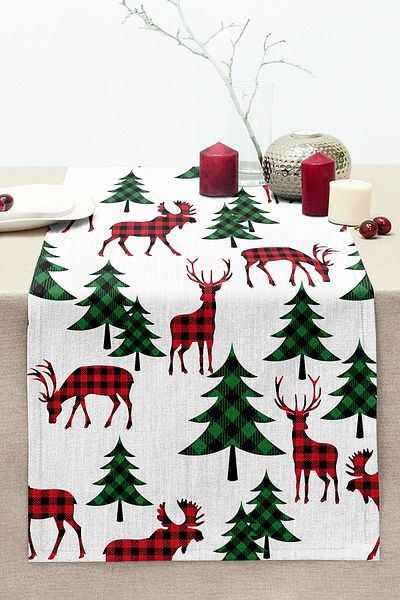 Realhomes Digital Printed Modern Stitched Raschel Knitted Runner with Pine Tree and Plaid Deer Motif on White Background