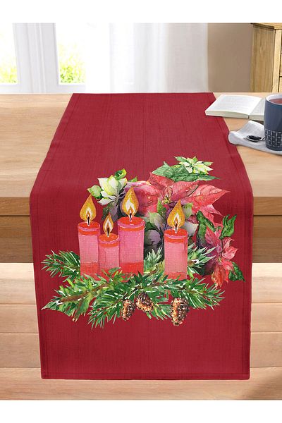 Realhomes Claret Red Floor Pine Leaf Candle Design Digital Printed Decorative Stitched Raschel Knitted Runner