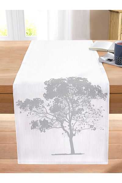 Realhomes Stitched Raschel Knitted Runner with Gray Tree Pattern on Decorative White Background