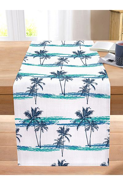 Realhomes Decorative Stitched Raschel Knitted Runner with Blue Green Palm Drawing
