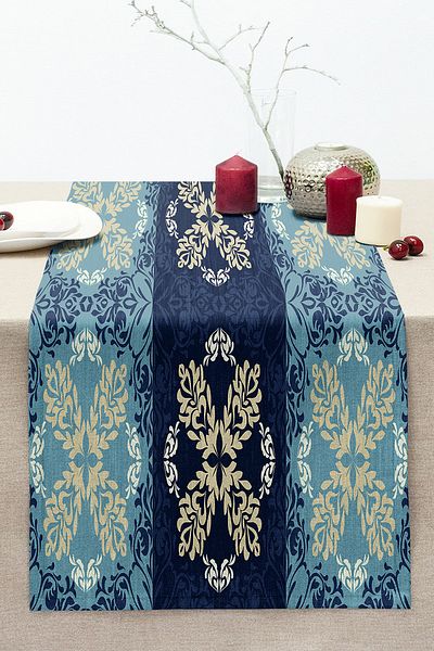 Realhomes Blue Ethnic Pattern Digital Printed Modern Stitched Raschel Knitted Runner