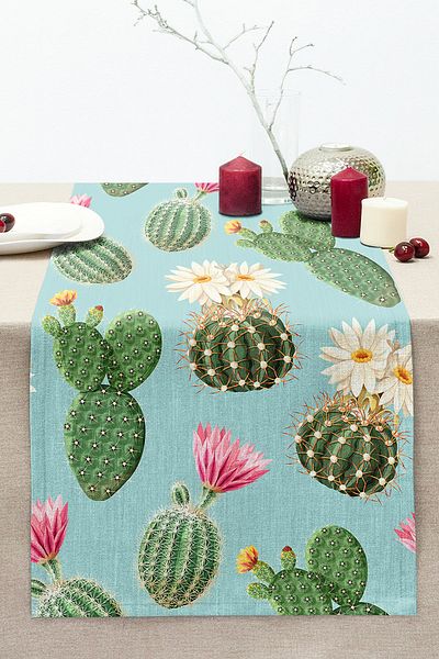 Realhomes Digital Printed Modern Stitched Raschel Knitted Runner with Cactus Pattern on Colorful Background